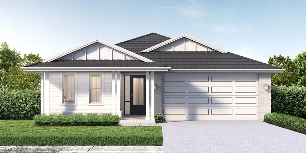 Modern single-story white house with dark roof featuring two peaked gables, large garage door, front entry with black door and sidelights, landscaped lawn and shrubs, driveway, and clear sky background.