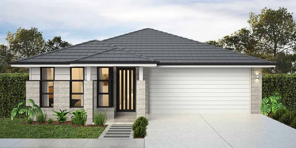 Modern single-story home with dark hip roof, light gray brick and white rendered facade, large windows with dark frames, vertical slat entry door, attached garage with white panel door, concrete driveway, and landscaped front garden with shrubs and plants.