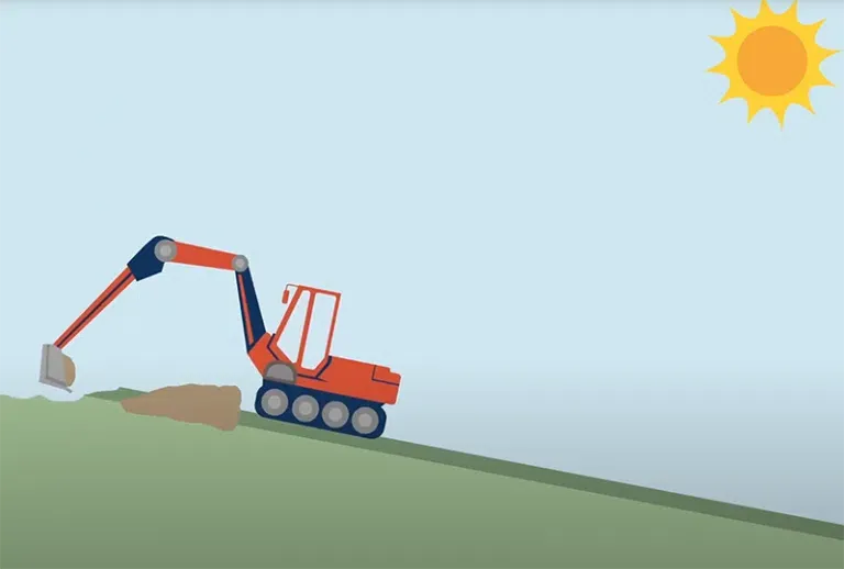 Illustration of a red and blue excavator operating on a sloping hillside with its arm extended to the left, against a light blue sky with a bright sun in the upper right corner.