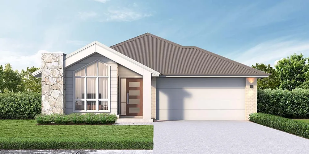 Modern single-story coastal home with white and gray exterior, featuring a gabled entryway with large windows, stone chimney on left side, brown metal roof, white garage door, and landscaped front yard with green hedges under clear blue sky.